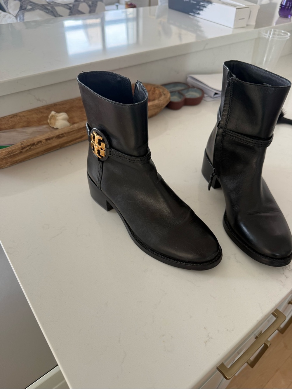 Tory Burch Black Leather Ankle Booties with Gold Logo Hardware